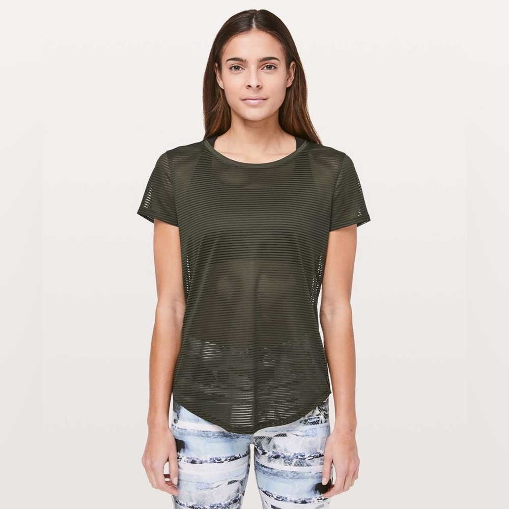 lululemon athletica Olive Green Sheer Short Sleeve Top